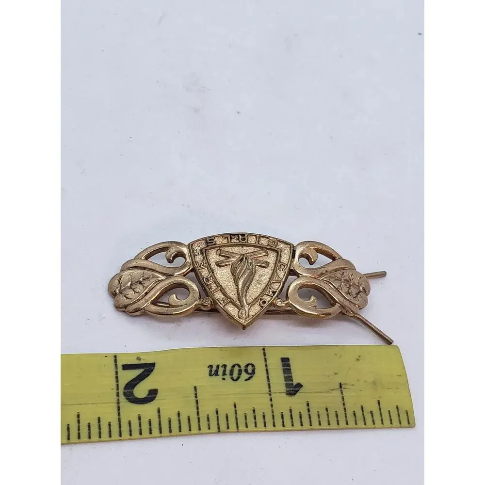 Vintage Camp Fire Girls Gold Tone Shield Bar Pin Badge Emblem Crest Collectible